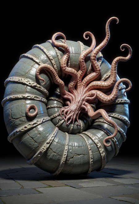 a primordial cephalopod specimen, its form both ancient and alien. The creature's most dominant feature is its magnificent spiral shell exhibiting perfect mathematical precision - a massive, petrified nautiloid coil with ridged, segmented chambers that transition from weathered charcoal-gray near its center to a polished silver-white along its outermost whorls. The shell's surface displays subtle variations in texture - limestone-like calcifications, microscopic pitting, and areas of amber-bronze patina suggesting millennia of fossilization. Emerging dramatically from the shell's opening is the creature's fleshy, rust-colored body, vibrant and alive in stark contrast to its mineralized housing. Multiple serpentine tentacles - at least eight visible - extend outward in a radial pattern, each appendage thin and sinuous with a leathery, almost reptilian texture.
Standing on a flat ground the camera angle is high rotated
Set against a solid dark black color background to emphasize its unnatural form that emphasizes its silhouette. The medium is not a traditional painting or illustrative medium like watercolor or ink but rather a digital 3D rendering.
MikeFranchinastyle, bbstyle,, horror theme,, ZBClay model of a gray sculpture, zbrush, d4arks0uls, overcast lighting, jedioutfit