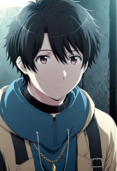 high resolution, solo, best quality, 1Boy, Inaho Kaizuka, Black Hair, bangs, necklace, choker, hair between eyes, Hoodie, OverallDetail
