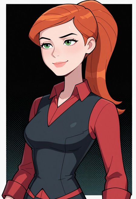 gwenuaf, 1girl, ponytail, solo, green eyes, orange hair, lips, breasts, red collared shirt, , long sleeves, red shirt, black vest,, black pants,, smile, upper body, halftone effect, white borders, abstract background:1.2, , masterpiece, best quality, amazing quality, very aesthetic, absurdres, newest, black background,