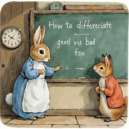 BPstyle, drawing, a rabbit teacher is writing on the chalkboard, chalk writings on chalkboard : "How to differenciate good fox and bad fox"