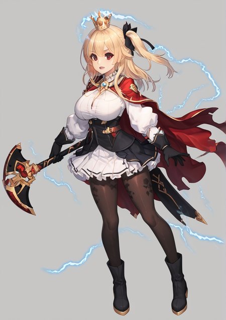 1girl, thor (ark order), huge breast, black footwear, black gloves, black pantyhose, black ribbon, black skirt, blonde hair, boots, cape, crown, electricity, full body, gloves, hair ribbon, half gloves, hammer, holding, holding hammer, long sleeves, mjolnir (mythology), pantyhose, puffy long sleeves, puffy sleeves, red cape, red eyes, ribbon, skirt, solo, tachi-e, thighband pantyhose, transparent background, two-sided fabric, two-sided skirt, two side up, white skirt,<lora:rikume:1>