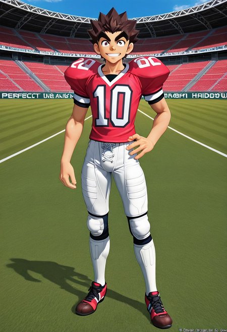 PVC figure, 3d, realist PVC, official art, male, High Quality, perfect anatomy, HD, anime style, break
TAROU RAIMON, 1boy, alone, brown hair,  thick eyebrows, dark brown eyes, athletic build, smiling, posing, looking at viewer, football uniform, tight uniform, red and white uniform, football field