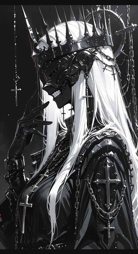 masterpiece, best quality, good quality, very awa, newest, highres, absurdres, 1girl, solo, long hair, gloves, dress, jewelry, upper body, white hair, teeth, black gloves, hand up, necklace, black dress, from side, mask, chain, helmet, cross, crown, letterboxed, covered eyes, cross necklace, black skin, limited palette, h4ra_illu <lora:illustriousXL_stabilizer_v1.23:0.3> <lora:NOOB_vp1_detailer_by_volnovik_v1:0.3> <lora:ponyv6_noobE11_2_adamW-000017:0.3> <lora:114558v4df2fsdf5:0.6> <lora:XXX667:0.4> <lora:-_iLL_-_the_edgy_mech_V2.0-:0.8>