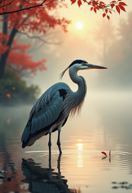 traditional Japanese art, henna and carmine, image of a grey heron, standing in shallow water at the edge of a misty woodland lake at dawn, ethereal