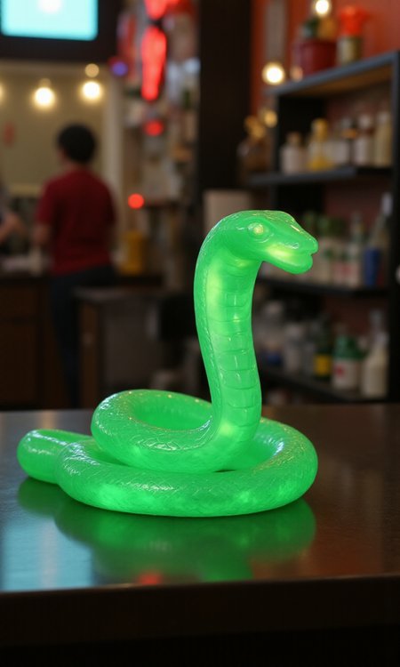 jade_snake, shebaaobao, neouv, cartoon snake made out of glowing illuminated iridescent jade ready to bite somebody on the counter of a pawn shop in New York City  <lora:jadesnakeflux-000001.safetensors:1.0> <lora:shebaobao_flux_snake_Cartoon_v2.safetensors:0.3> <lora:neouv_flux_03.safetensors:1.0>