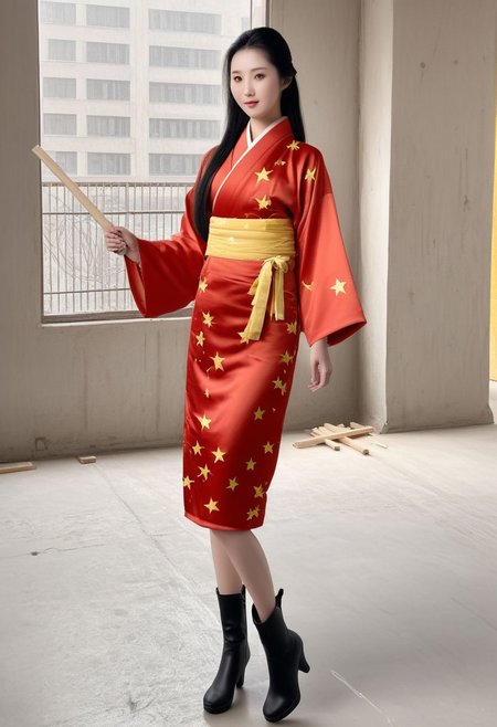 FOTOREALISTIC, long_straight black hair, beautiful chinese_lady, tall, red_chinese_kimono_with_yellow_stars, apartment_under_construction, tools, building material, background window_Beijing, sexy_red_boots, score_9, score_8_up, score_7_up, score_6_up, score_5_up, score_4_up, UHD, 8K, masterpiece, ultra-realistic, Ultra detailed photorealistic background, photoreal, realistic high detailed beautiful face, anatomic correct bodies, ultra_high_resolution, Extremely Realistic, lots of detail, full_body_visible.