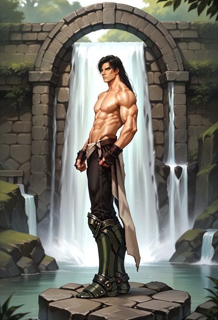 safe_pos, score_9, score_8_up, score_7_up, stone bridge, waterfall, hugbaldw, (toned male:2), shirtless, long black hair, (dark green greaves:1.6), black pants, black fingerless gloves, long legs, slender legs, arms at sides, fists, standing pose, serious expression