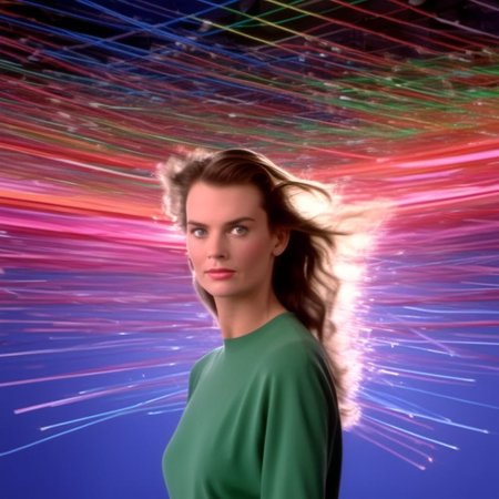 70mm shot on sony analog HDTV camera laserdisc style dorky australian brunette woman in standing in large room with large colourful cubes like television studio wide shot surrounded by swirling colour and sexy smirking at camera with a little wink. background is 1990s japanese beauty scenes exploding televisions electricity in background in a surreal fashion technology moving into her head cables and wires low contrast super sharp imagery
