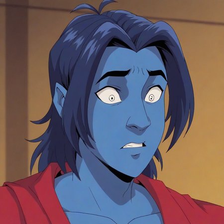 score_9, score_8_up, score_7_up, score_6_up,
1boy, animated character, nightcrawler, blue skin, portrait, pointy years, surprised expression, 
<lora:Nightcrawler_X-Men_Evolution:0.8>