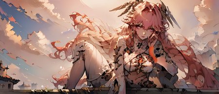 zPDXL3, score_9_up, score_8_up, score_7_up, (Anime_source), 1girl, solo, fullbody, Pyroath drone, looking at viewer, sitting on rooftop, from below, from front, dutch angle, pink lips, big breasts,
<lora:Lucia-Pyroath:1> Pyroath, crimson eyes, cream hair, long hair,  Pyroath clothes, 
<lora:cnv3mdde878c738thn20:1>,  		
<lora:CleanDetailed_Eyes:0.5>detailed eyes,