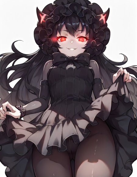 score_9,score_8_up,score_7_up,source_anime,1girl,cowboy shot,looking at viewer,from below,
<lora:isolatedislandoni_ponyXLV6:0.8>,asiion,seducive smile,clothes lift,
pale skin,black hair,long hair,red eyes,glowing eyes,horns,bonnet,black bow,
black dress,black pantyhose