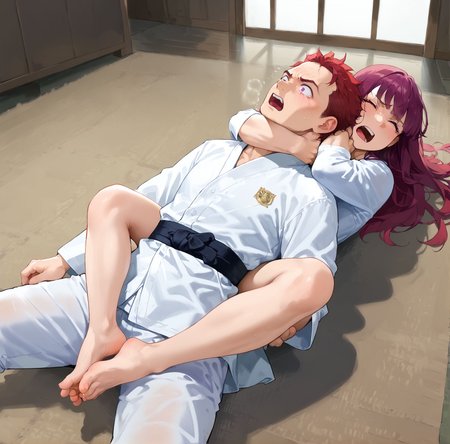 score_9,score_8_up,score_7_up,masterpiece, best quality, <lora:WHM 0.2v:0.5>, WHM, 2D,anime, 
official style, 
 eyes closed, angry, mouth open, leg lock, sleeper hold, strangling, wrestling hold, strangulation, choke hold, barefoot) <lora:Wrestling_hold_test:0.8> ((lying on floor)), 1boy, ( red hair, in pain, white clothes, wide eyed), dojo, indoors, <lora:judo:0.6> judo, judo uniform, black belt, dougi,leg lock,
 BREAK
fern-default,fern \(sousou no frieren\),purple eyes,purple hair female,long hair,
<lora:fern-default_sousou no frieren_PONY_epoch-000029:0.7>
 BREAK
 stark \(sousou no frieren\) red hair male, red eyes,