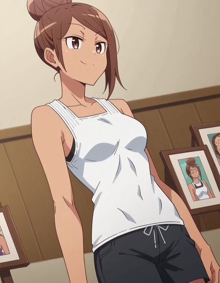 score_9, score_8_up, score_7_up, source_anime, <lora:ayaka-uehara-s1-ponyxl-lora-nochekaiser:1>, ayaka uehara, brown hair, hair ornament, brown eyes, hairclip, dark skin, hair bun, dark-skinned female, single hair bun, medium breasts,, shirt, white shirt, shorts, sleeveless, sleeveless shirt, black shorts, tank top,, museum, art exhibit, paintings, observing, quiet contemplation, cultural experience, smile, , smug, solo,, cowboy shot, dutch angle,