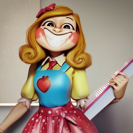 1girl, solo,    score_8,   half body,   miss delight, blonde hair, red hairbow, black eyes, grin, teeth, rosy cheeks,                 yellow shirt, short sleeves, puffy sleeves, blue apron, collared shirt, red tie, red skirt, long skirt, polka dot skirt,         holding ruler, smiling,