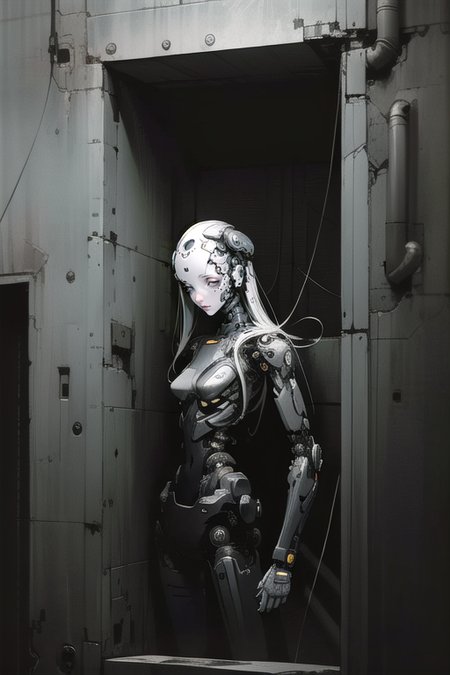 (masterpiece), (best quality), (high resolution), hyper detailed, solo, girl, detailed_background,buried under cables, dim light,  cyborg girl<lora:epiNoiseoffset_v2:1.3>, <lora:blameLora_v10:1>