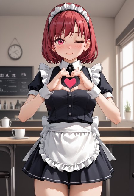 score_4,score_5,score_6,score_7_up,score_8_up,score_9 ((masterpiece,best quality,ultra detailed,highres,HD,4k:1.2)), 
1girl, solo,solo focus,girl focus,face focus,
Maid outfit,Sleeveless, maid headband, frilly apron,Short sleeves, short skirt, thighs,
inside the cafe, ((Make a heart symbol with both hands, heart with both hands,heart hands,heart symbol,heart,heart effect,)), 
blush,shy,smile,((wink,closed one eye)),