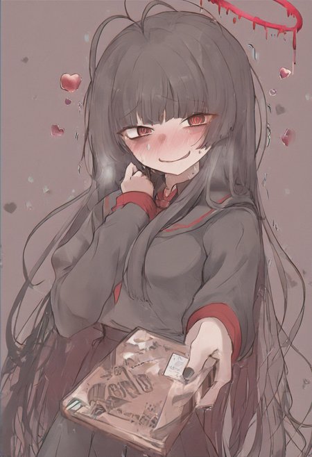 blue archive, tsurugi \(blue archive\), 1girl, @ @, antenna hair, bags under eyes, black hair, black shirt, black wings, blunt bangs, blush, box, gift, gift box, halo, heart, holding, holding box, incoming gift, looking at viewer, melting halo, nail polish, nervous smile, nervous sweating, nose blush, red eyes, red halo, school uniform, serafuku, shirt, smile, solo, sweat, sweatdrop, trembling, upper body, valentine, wings, masterpiece, best quality, good quality
