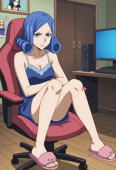 score_9, score_8_up, score_7_up, anime screencap, BREAK, 1girl, (solo:1.2),   <lora:DX888Juvia:1>, juvia lockser, blue hair,  curly hair, blue eyes, short hair,  ,   BREAK   Swimming forward, arms alternating,  annoyed, bored, lowered eyelids,  Streamer room, gaming chair, gaming PC, game equipment , TV monitor, posters , dark room, webcam, chat log, Lace Loungewear Set - Robe, Camisole, and Slippers