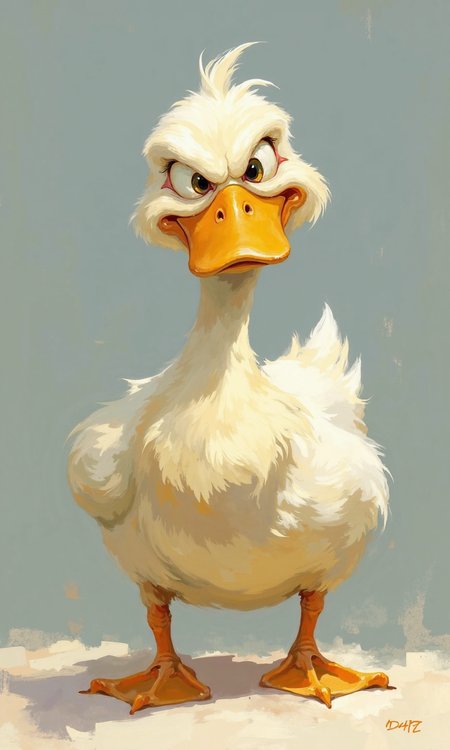 A digital painting of a cartoon duck. 
The duck is centrally positioned and is rendered in a vibrant style with visible brushstrokes.  Its plumage is a mix of off-white, light cream, and yellowish-tan hues, with a slightly rough, textured appearance suggestive of feathers. The beak is a rich orange-yellow and the eyes are large, dark, and intense, with heavy, slightly exaggerated eyebrows, giving the duck a rather determined or possibly angry expression. The duck's stance is alert, and the legs are a similar orange-yellow hue.
The background is a muted, soft-blue grayish tone, creating a backdrop for the duck, with subtle brushstrokes that suggest an interplay of light and shadow. The overall style is reminiscent of cartoon animation or children's book illustrations, but with added artistic flair via paintbrush and color., <lora:FLUX-daubrez-DB4RZ-v2:1> DB4RZ, DB4RZ style painting