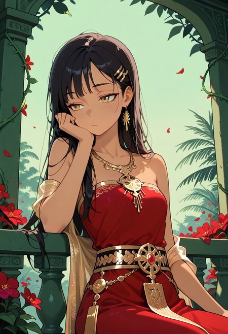 flat colors, masterpiece, best quality, amazing quality,
1girl, solo, girl, black hair, whispy bangs, tan skin, gold eyes, upper body, 
 long hair, looking afar, sitting, head rest, red and gold Chut Thai Dress, Sabai Shawl over right Shoulder, Shawl hanging straight down, Left Shoulder Bare, bare arms, Sinh Skirt, strapless top, Ornate Gold Thai Belt, Gold Thai hairclip, Gold Bangles, Gold earrings, Gold Necklace,
balcony above the jungle tree canopy, pale green sky,outdoors, lush trees, purple flowers, red flower vines, , falling red flower petals, ornate thailand aesthetic balcony, holding a red flower, sleepy,