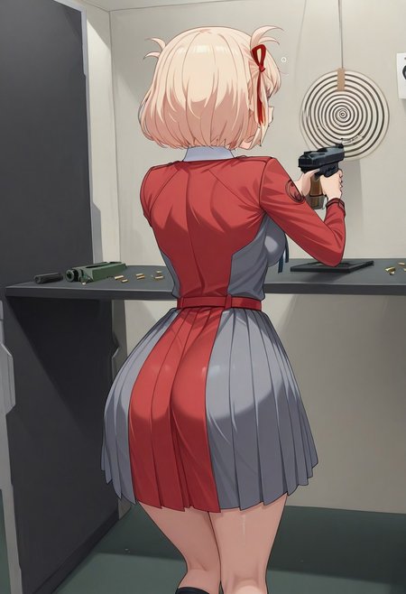 Chisato  hypnotized at shooting range,
score_9, anime, 1girl, lewd, smooth, 
mind control, hypnosis, spiral eyes, (spiral target), spiral shaped target, hypnotic shooting target,
sh00t1ng, shooting range, indoors, table, target, targets, booth, shell casing, solo, gun, from behind,
chnsh, medium breasts, blonde hair, red eyes, short hair,
one side up, hair ribbon, red ribbon, blue neck ribbon, two-tone dress, red dress, grey dress, pleated dress, long sleeves, white collared shirt, red belt, black kneehighs