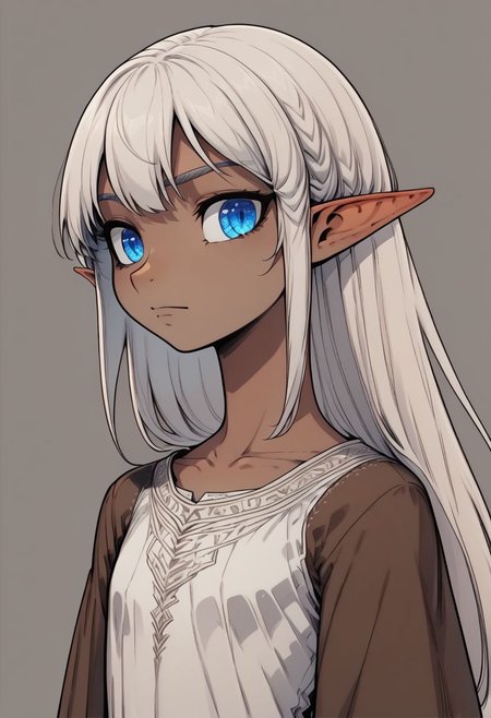 Lapanya, 1 person, solo, pointy ears, ((snout nose)), flat chest, lean stature, medium tan skin, white hair, long hair, hip-length hair, bangs, blue eyes, white tunic, brown robe, smooth cavern background 
Lineart, flat color, clean lines, up close, upper body focus, highly detailed face, high quality, best quality,  score: 9, score: 8 up, rating: safe