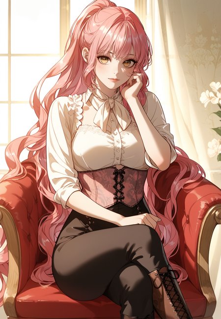 zPDXL3, score_9_up, score_8_up, score_7_up, (Anime_source),Masterpiece,(perfect female body:1.2), small waist, (incredibly detailed:1.4), slim, beautiful fingers, beautiful white skin, Beautiful clear skin, (large breasts:1.4) looking at viewer, big breasts, ass, perfect ass, <lora:Cherry_Sinclair_-_The_Male_Leads_are_Trapped_in_My_House-Kaleid_PONY:0.8>cherrysinclair, 1girl, pink hair, yellow eyes, very long hair, ponytail, corset, black pants, high boots, brown boots, white shirt, (facing viewer:1.5) crossed legs, head rest