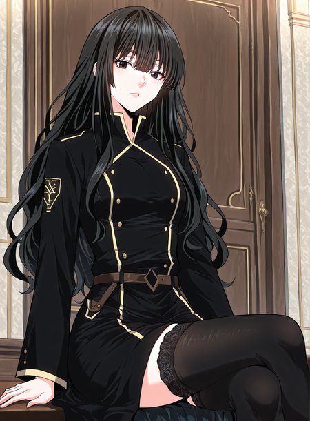 <lora:Kathyln_Glayder__The_Beginning_After_the_End__Illustrious-000009:1>
1 girl, solo, black eyes, brwon eyes, very long hair, black hair, bangs, wavy hair, ahoge, hair between eyes, black uniform, long skirt, black thighhighs, balck footwear, sidelocks, long sleeves, belt, frills
(Anime_source),Masterpiece,(perfect female body:1.2), small waist,(incredibly detailed:1.4), slim, beautiful fingers, parted lips, looking at viewer, sitting crossed legs , <lora:iLLMythG0thicL1nes:1>