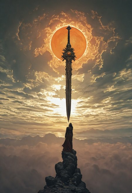 Sundawn, Landscape, towering Knight, heavy armored,Fantasy, dmsty, masterpiece, best quality, good quality, newest, highres, absurdres, solo, dark atmospheric, detailed, intricate, Orange-pink sun, Clouds, giant sword, Ethereal,