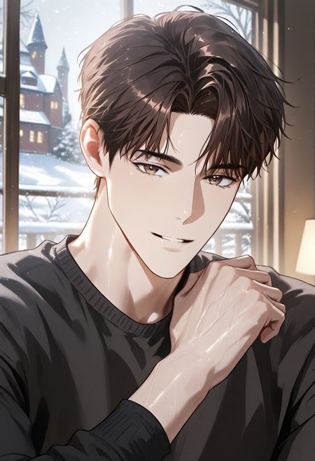 //General, masterpiece,best quality,amazing quality, source_anime, intricately detailed illustration, very aesthetic, absurdres, newest, anime coloring, subsurface scattering, , natural lighting, Expressiveh, detailed skin, shiny skin,aesthetics light, depth of field, vibrant colors,
//Fashion, black shirt, long sleeves, 
//Background, castle interior, indoors, snow background outside the window, 
//Others, 1boy, male focus, solo male, manly body, 
//Action, looking at viewer,  light smile, close up, upper body,
BREAK,
Lee_Wooyeon, parted hair, dark brown hair, parted lips, brown eyes