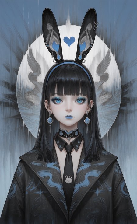 masterpiece, best quality, good quality, newest, highres, absurdres, 1girl, solo, long hair, looking at viewer, blue eyes, black hair, hair ornament, animal ears, closed mouth, jewelry, jacket, upper body, heart, earrings, hairband, necktie, blunt bangs, mole, rabbit ears, black jacket, collar, mole under eye, fake animal ears, makeup, blue background, piercing, portrait, ear piercing, lipstick, black necktie, eyeshadow, straight-on, blue lips, blue eyeshadow, Z3D, Rovina_Cai
G0zeNA_illu, abstract, surreal <lora:illustriousXL_stabilizer_v1.23:0.3> <lora:NOOB_vp1_detailer_by_volnovik_v1:0.3> <lora:ponyv6_noobE11_2_adamW-000017:0.3> <lora:G0zeNA_style:0.8> <lora:Rovina_Cai_-_MtG_Style_-_Zeds_Styles:0.7>