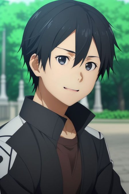 high resolution, solo, best quality, 1Boy, Kazuto Kirigaya, portraits, Black Hair, Black Eyes, Looking at viewer, happiness, depth of field, half body, outdoor, OverallDetail