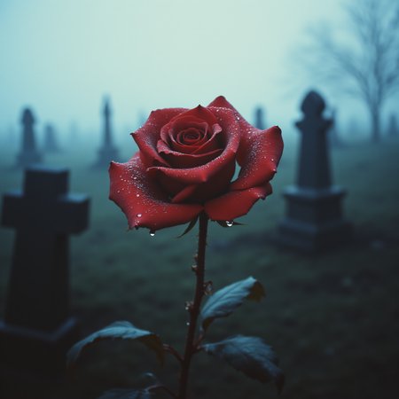 ArsMovieStill, movie still from a 1970s horror movie, The image is a close-up of a single red rose with water droplets on it. The rose is in the center of the image with its stem and leaves visible. The background is a foggy graveyard with many tombstones and trees. The sky is overcast and the overall mood is somber and melancholic. The image has a dark and moody tone with the red rose standing out against the foggy background., flower, red flower, rose, no humans, red rose, weapon, blurry, blurry background, sword, holding