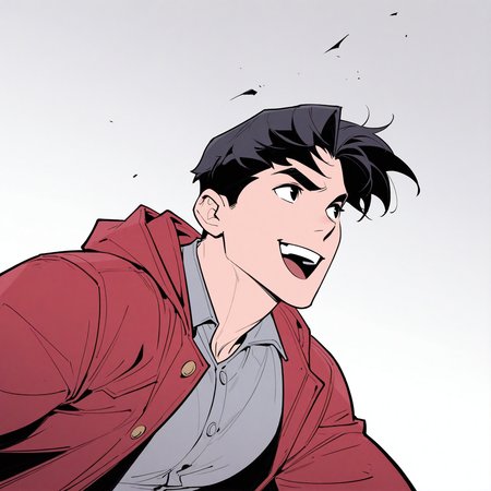 <lora:TIM_DRAKE:1>tim_drake, solo, smile, open mouth, short hair, simple background, shirt, black hair, long sleeves, 1boy, jacket, white shirt, upper body, male focus, :d, open clothes, teeth, collared shirt, hood, grey background, black eyes, coat, parted bangs, looking to the side, gradient background, buttons, hood down, grey shirt, red jacket, meme, open coat, red coat, medium bangs, red cloak, open jacket, v-shaped eyebrows, thick eyebrows, hooded jacket, twenty-something, muscular, western comics (style), motion blur, film grain, abstract, natural lighting, fantasy, cinematic, dynamic, very awa, masterpiece, best quality, absurdres, newest, perfect quality, detailed background, intricate details, (artist:fl \(l-fl\):0.7), (artist:tooboshoo:0.7), (artist:dizdoodz:0.8)