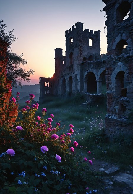 castle ruins, twilight serenity, dawn, floral decay, novuschroma style
 (8k uhd:1,4)
 <lora:add-detail-xl:1>
 <lora:Dynamic Poses:1>