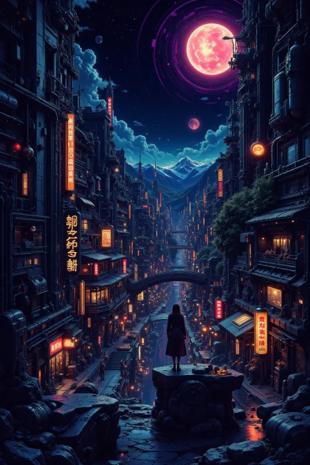 izakaya,beautiful misterious futuristic sci-fi cyberpunk landscape, bright luminous starry night, woman, very intricate, very detailed, sharp, colorful, <lora:Hand v2:0.5> <lora:Anti-Blur:1><lora:Insane Detail Slider:0.25>  <lora:flux.1_lora_flyway_Epic-detail_v2:0.3> <lora:fluxenhancer:0.25><lora:The_Dark_Side_Of_The_Future:0.4><lora:Neurocore Anime Cyberpunk v2.0:0.5> A digital artwork in the style of cknc