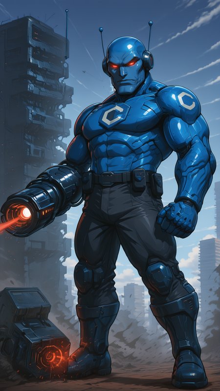 best quality, masterpiece, absurdres, newest,(official style:1.1), anime coloring,
 <lora:CivBot_-_Evolved:1> 1boy, civbot, gigachad, sigma male, robot, male focus, solo, muscular, blue skin, colored skin, antennae, bald, muscular male, glowing red eyes, futuristic scenery, hi-tech, sci-fi background, outdoors, CivitAI chest logo,
 <lora:PlasmaCannonIL:1> plasma cannon, arm cannon, armor, cyber wear, black body armor, belt, black pants, plate boots,