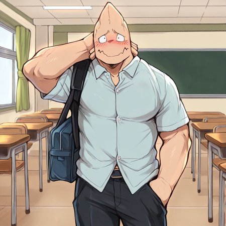 Masterpiece, best quality, amazing quality, 1boy, solo, kojikoda, anime_source, muscular, clothing, student clothes, white button-up shirt, black pants, bag, shoulder bag, blushing, shy expression, looking at viewer, hand behind head, standing, indoors, school classroom, school, daytime