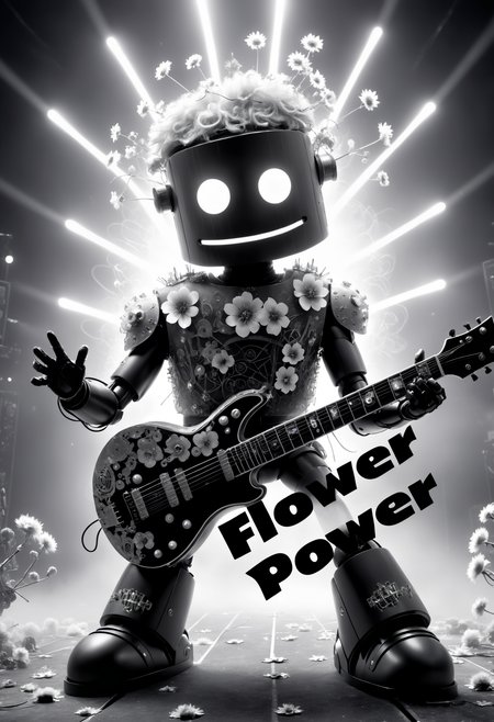 monochrome black and white, contrast, tone, texture, detailed, Robot rock star on stage, playing guitar, hero shot, pyrotechnics, fog, intricate details, stunning composition, text "Flower Power", flower style, sharp focus, professional background, best detail, cinematic, fantastic, dramatic, futuristic, epic, magic, scenic, artistic, calm, creative, positive, pure, rational, emotional, pretty, attractive