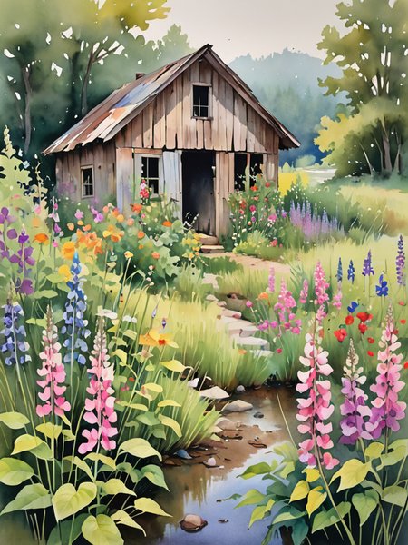 In this evocative watercolor scene, the abandoned shack is unexpectedly adorned with a wildflower garden, its untamed beauty encircling the structure like a vibrant embrace. The soft, watery hues of the flowersâranging from the delicate pinks of wild roses to the deep purples of lupinesâcreate a contrast against the shack's weathered grays and earthy browns. This garden, a riot of color amidst the greens of the surrounding wilderness, whispers stories of resilience and rebirth. The fluidity of watercolors perfectly captures the ephemeral nature of the blooms, with each petal and leaf blending seamlessly into the next, creating a dreamlike quality. Light washes of green suggest the lushness of the grass, interspersed with the vivid colors of the garden, while the nearby stream mirrors the sky's soft pastels. In this painting, the emphasis is on the juxtaposition of decay and growth, highlighting the beauty that thrives in abandonment, all rendered in the luminous, transparent layers that only watercolors can achieve