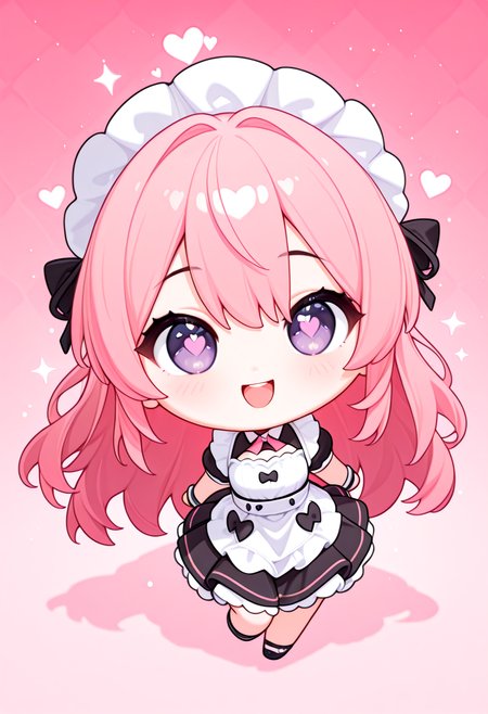masterwork, masterpiece, best quality, hyper-detailed, 8k uhd, 1girl,solo, CivChan, pink hair, purple eyes, maid, (hearts, sparkles:1.5), pink background, :D, quality: masterpiece, extremely aesthetic, highly detailed, Chb3Hi3, (chibi:1.5), 3d, headpat