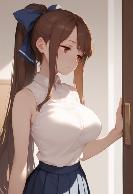 score_9, score_8_up, score_7_up, score_6_up,
<lora:Expressive_H:1.0>
1girl, <lora:SDXL_LORA_CHARACTER_TSUKIOKA KOGANE_V1A:1>, tsukioka_kogane, tsukioka kogane, brown eyes, brown hair, bangs, long hair, (blue_hair_ribbon), large breasts, high ponytail, 
White blouse, sleeveless, pleated skirt, mini skirt, blue skirt,
A girl leaving the room,
indoors, bedroom, door, open door,
(nose blush:1.1), (head tilt:1.2),
hollow eyes, half-closed eyes,
(looking away:1.2), closed mouth,
upper body, from behind,
masterpiece, best quality,