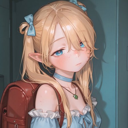 high detailed, high quality, masterpiece, best quality, very awa, absurdres, detailed eyes, detailed face, detailed skin, anime, cinematic light, colorful, portrait BREAK, 1girl, KPB-Illu, solo, cute, pretty, petite, blue eyes, blonde hair, hair over eye, choker, freckles, half closed eyes, blush, looking at viewer, bare shoulders, collarbone, frilled sleeves, necklace, lingerie, hair bow, from side, torn clothes, twintails, blonde hair, frills, backpack, looking at viewer,  (marcille_donato:0.7), possmach, artist:henreader, artist:ciloranko, (artist:sho \\(sho lwlw\\):0.75), (tianliang duohe fangdongye:0.7),
