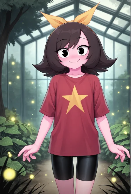 masterpiece,best quality,amazing quality, <lora:marigold_cabronpr_noob_v1.1f:1> marigold, 1girl, solo, smile, hairbow, no nose, black eyes BREAK
red shirt, bike shorts, straight-on, tree, tree, greenhouse, fireflies, (depth of field:1.3)