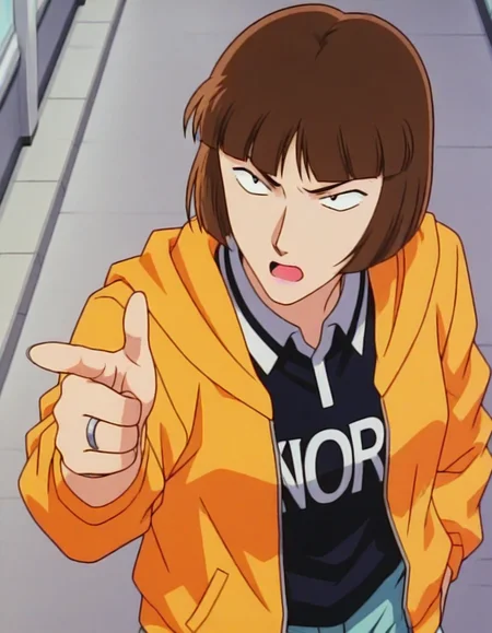 1girl,solo,masterpiece,best quality,anime screenshot, 1990s \(style\), 
<lora:kira_hasue_conan_v1_IL:0.8>,kira hasue,short hair,brown hair,blunt bangs,bob cut,purple lips,ring,black eyes,tsurime,(sanpaku:1.5),orange hooded jacket,long sleeves,black englishtext shirt,open clothes,collared polo shirt,aqua shorts,
<lora:dmd2_sdxl_4step:1>,hallway, indoors, pointing,angry, open mouth, upper body, from above,