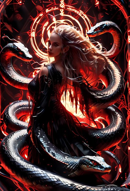 score_9, score_8_up, score_7_up, score_6_up, full body painting of a female slowly turning into a snake, (((sn4ke))), horrifically captivating beauty, red and black color scheme , very long hair, hair wrapped around body, snake eyes,, enticing the viewer closer, painted in style of clive barker, inspired with hellraiser like design, dark shot, shadows, dim light, field of depth, dark light, red and black theme, abandonment in background, despair,
BREAK
cinematic angle, unique perspective, dramatic lighting