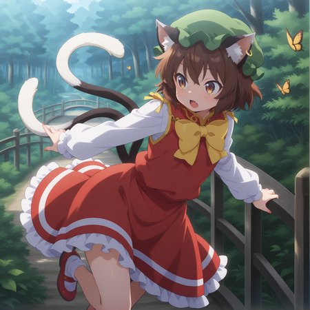absurdres, highres, masterpiece, best quality, amazing quality, official anime artwork, screencap, anime screencap, forest, outdoors, bridge, looking right, 
<lora:Chen_Illustrious:1> chen, 1girl, solo, brown hair, short hair, brown eyes, cat tail, two tails, cat ears, fang,, mob cap, green hat, single earring, red dress, dynamic pose, butterfly,