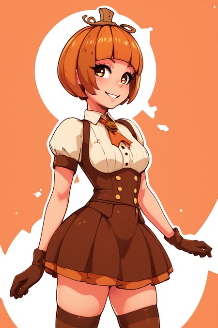 score_9, score_8_up, score_8, medium breasts, (curvy), cute, eyelashes,       BREAK, , ,,, zzPmpknGrl, brown eyes, short hair, brown hair, blunt bangs,  gloves, thighhighs, short sleeves, pumpkin, shirt, standing, white shirt, <lora:PumpkinGirl_Masashi_PDXL:0.8>,   ,,, , BREAK, smile, looking at viewer, ,,, abstract background, white outline, cowboy shot, ,,, embedding:zPDXL, Expressiveh, ,,, <lora:CatalystStylePDXL:0.6>, <lora:SDXLFaeTastic2400:0.5>, <lora:Expressive_H-000001:0.4>,
