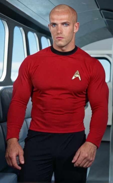 1boy, 20 year old male, Handsome, masculine, blonde, star trek, red shirt, muscle,  tall, tight shirt, wide pectorals, big shoulders, wide shoulders, muscular neck, German, standing at attention, bald, big pale blue eyes, abs, biceps, serious facial expression, phaser, hand,

stunf, star trek uniform, uss enterprise ncc-1701 interior background, star trek, space ship interior, 1960s TV,