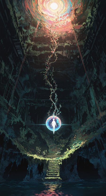 masterpiece, best quality, good quality, very awa, newest, highres, absurdres, solo, from behind, water, no humans, plant, 1other, scenery, floating, light rays, stairs, light, wide shot, ruins, orb, ambiguous gender, moss, very wide shot, limited palette, sketch, glowing, psychedelic, <lora:illustriousXL_stabilizer_v1.23:0.3> <lora:NOOB_vp1_detailer_by_volnovik_v1:0.3> <lora:ponyv6_noobE11_2_adamW-000017:0.3> <lora:114558v4df2fsdf5:0.7> <lora:mon_monmon2133:0.6>